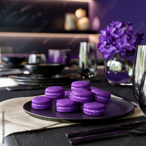 Purple Macarons on a Black Plate With Fork and Glass in a Dark Setting