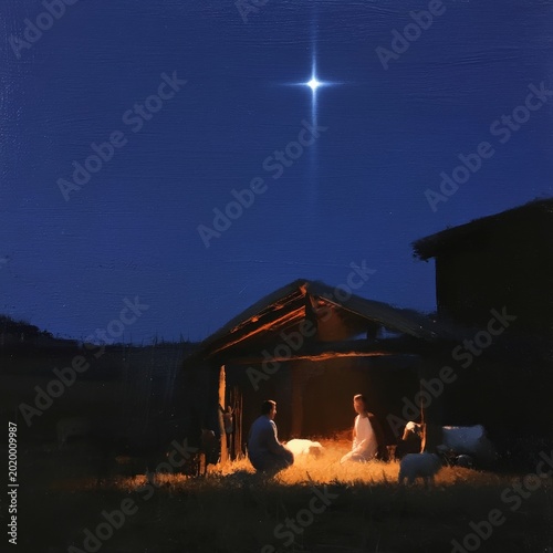 Two People Sit by a Fire in a Shelter Under a Bright Star in the Night Sky