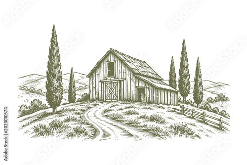 Classic woodcut vector illustration of a rustic barn house on a hill with a winding dirt road and tall cypress trees in a traditional hand drawn etch style.