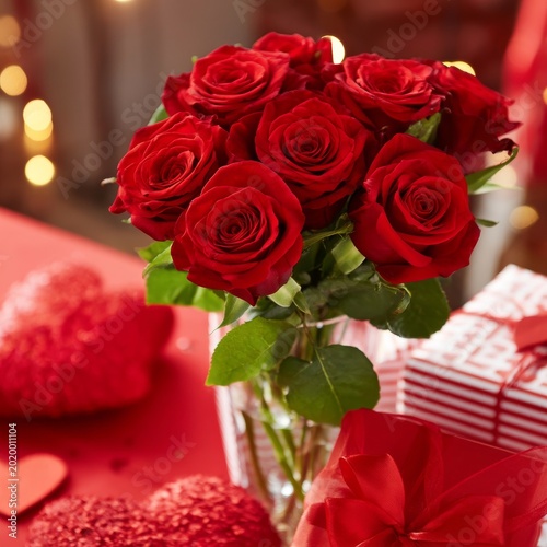 Red Roses in a Vase on a Table With Gifts and Heart Shapes for a Special Occa...