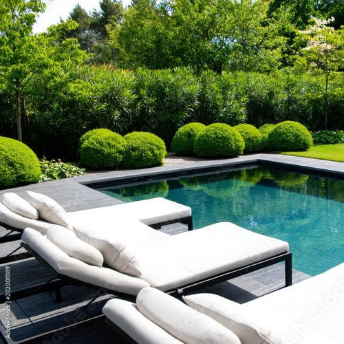 Lounge Chairs by the Pool in a Garden With Green Bushes and Trees in Summer L...