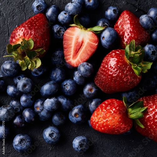 Fresh Strawberries and Blueberries on a Dark Surface in a Close-Up Arrangement