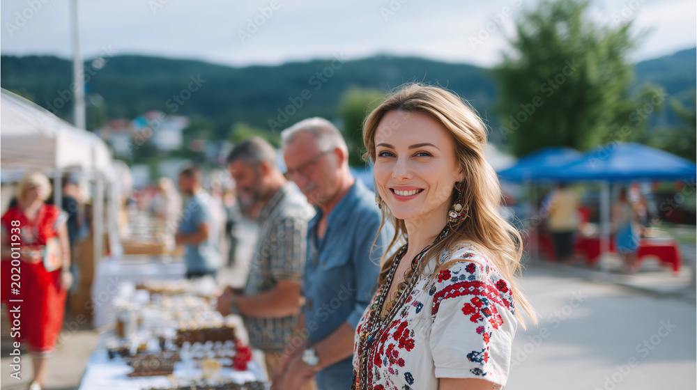 Naklejka premium Woman smiling at a vibrant Festival Gorali outdoor market with people