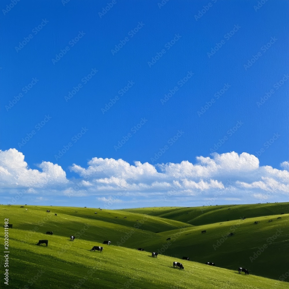Obraz premium Cows Graze on Green Hills Under a Blue Sky With Clouds in an Open Landscape During Daytime
