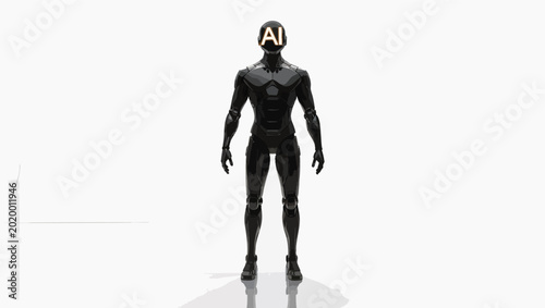Futuristic black robot with glowing ai face on white background.