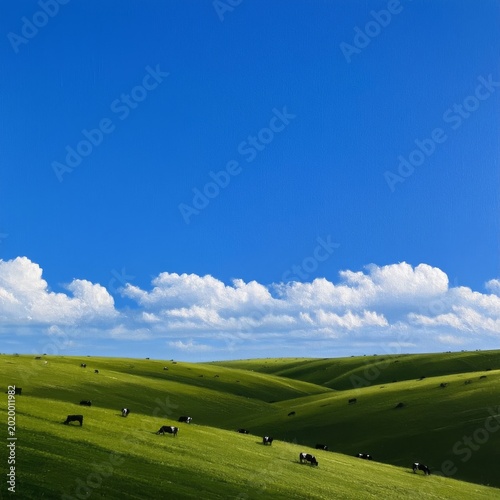 Cows Graze on Green Hills Under a Blue Sky With Clouds in an Open Landscape D...