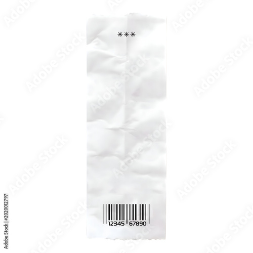 A vertical, crumpled white paper receipt featuring three black star symbols at the and a barcode with numbers at the bottom, isolated on a white background, for retail
