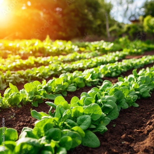Lettuce Grows in a Garden With Sunlight Shining on the Crops in the Early Mor...