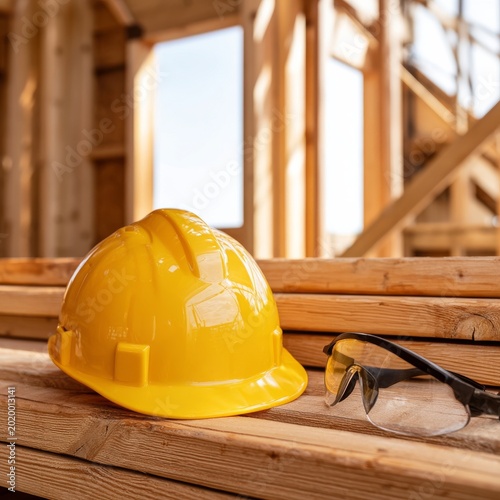Construction Site Tools and Equipment With Helmet and Glasses Beside Wooden B...