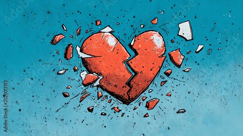 A cartoon heart shatters into broken pieces
