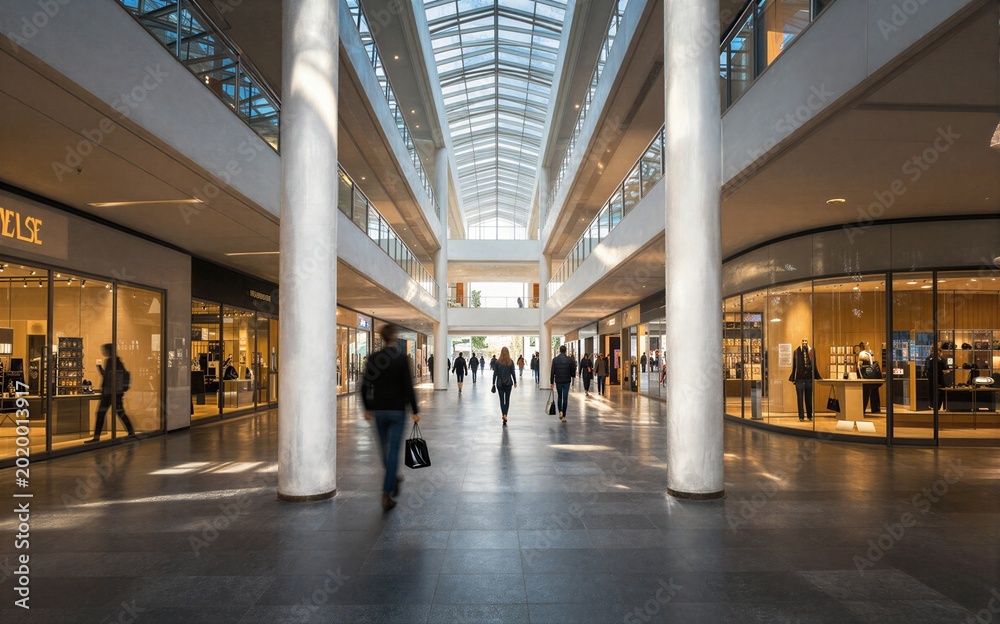 Fototapeta premium Modern mall with glass roof shoppers walking between white pillars