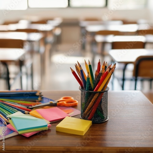 Classroom Supplies With Colored Pencils, Sticky Notes, and Scissors on a Wood...