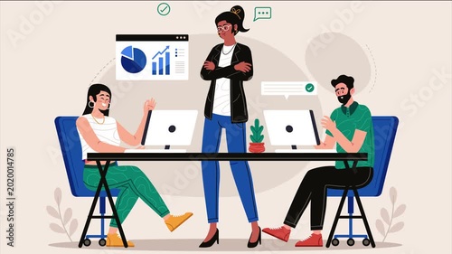 Flat illustration of a confident female team leader guiding her colleagues in the office, representing leadership, teamwork, empowerment, and workplace collaboration