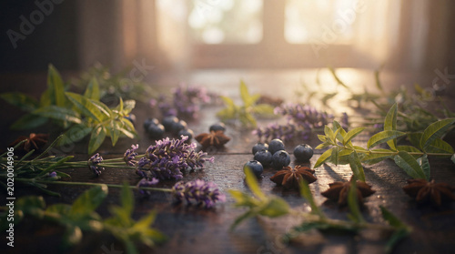 Tablou pe pânză An artful arrangement of lavender sprigs, fresh blueberries, and star anise on a warm wooden surface