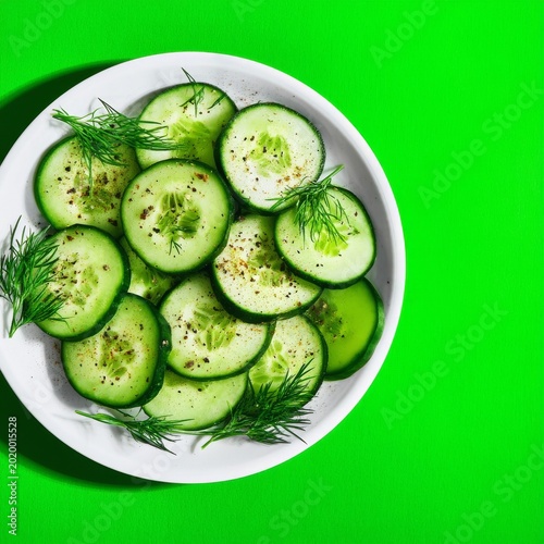 Fresh Cucumber Slices With Dill and Spices in a Bowl on a Bright Green Surface