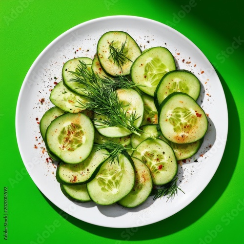 Sliced Cucumbers in a Bowl on a Bright Green Background With Fresh Dill Displ...