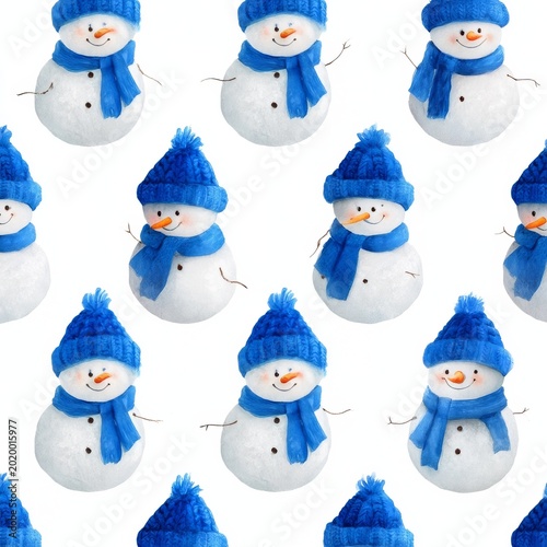 Snowmen With Blue Hats and Scarves on White Background for Winter Decorations...