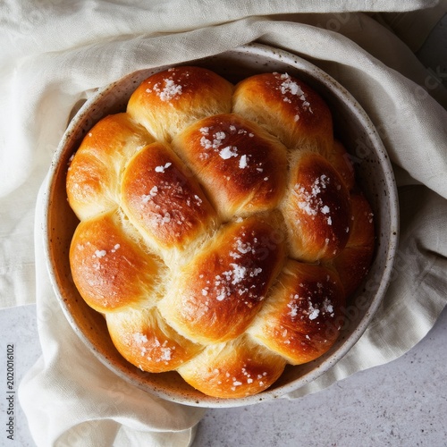 Freshly Baked Bread on a Wooden Plate With Salt on Top in a Kitchen Setting D...