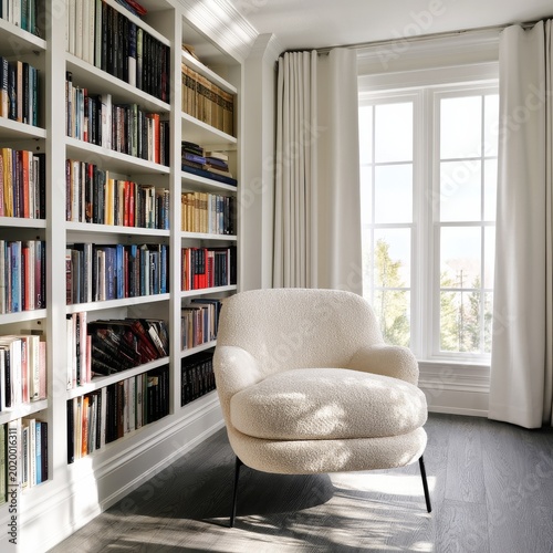 Cozy Reading Nook With a Chair and Large Window in a Home Library With Many B...