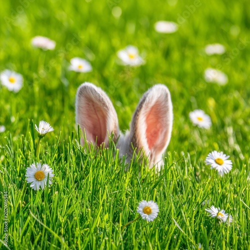 Rabbit Peeking Through Flowers in a Green Garden During a Sunny Day