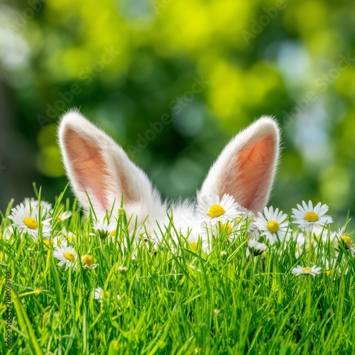 Rabbit Peeking Through Grass and Flowers on a Sunny Day in a Garden or Field