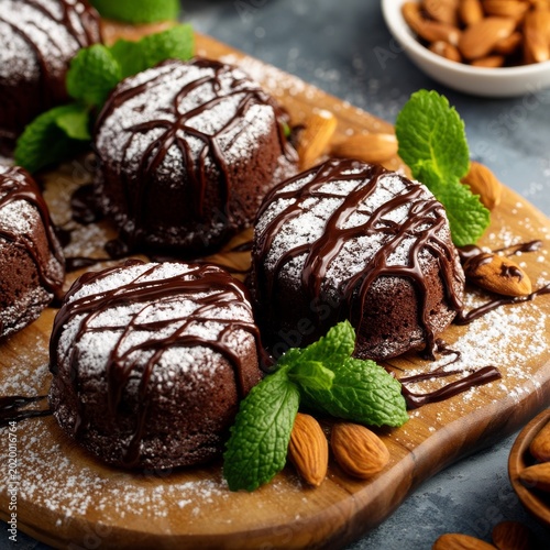 Chocolate Desserts With Mint and Almonds Served on a Wooden Platter in a Kitc...