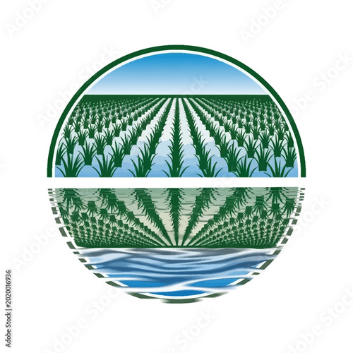 Agricultural landscape with crop fields and water.