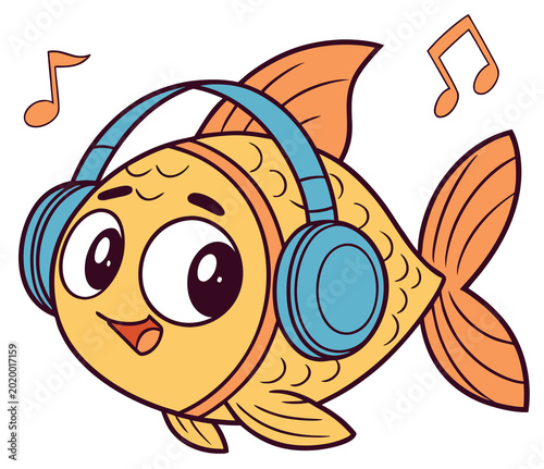 The cute goldfish is listening to music.