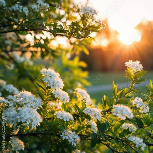 Bright Flowers Bloom as the Sun Sets Behind the Trees in the Evening