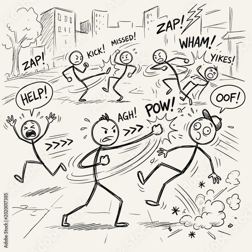 Bild auf Leinwand comic stick figures in a city fight.