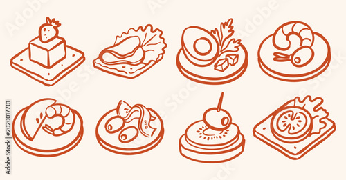 Foto Minimalist hand drawn canape and finger food or party snack vector set with shri