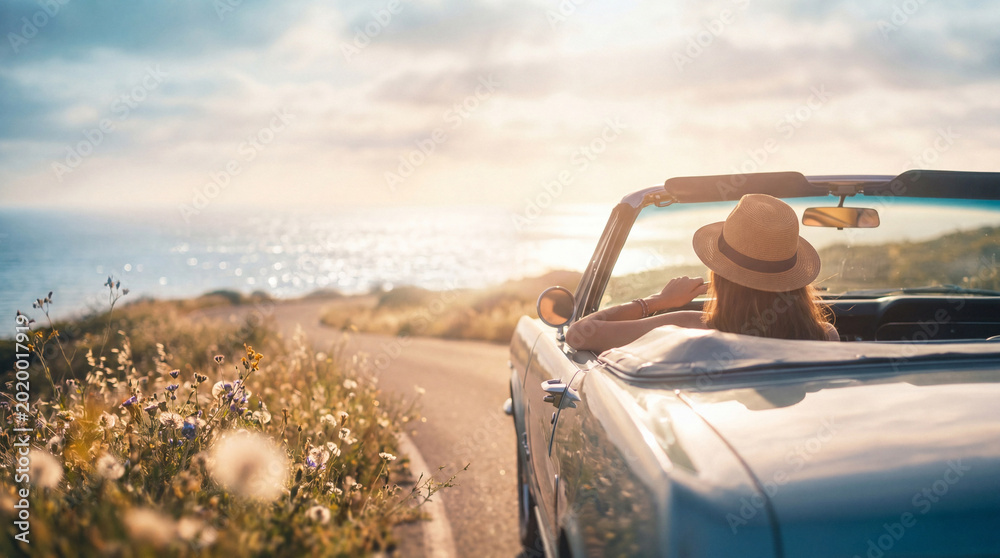Αυτοκόλλητο Woman in a vintage convertible car, wearing a straw hat, enjoying a scenic coastal road trip at sunset