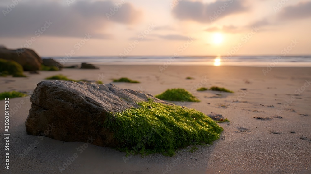 Fototapeta premium Lush green moss covers a rock resting on damp sand against the soft backdrop of a coastal sunset
