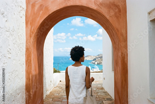 Woman walking through Mediterranean archway with ocean view