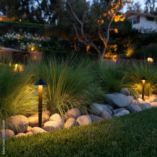 Landscape Lighting at Night in a Garden With Green Grass and Stones