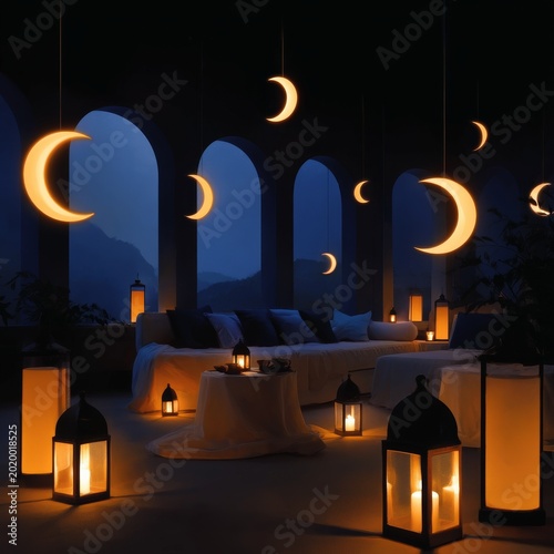 Candles and Lanterns Create Light in a Dark Room With Plants and Furniture