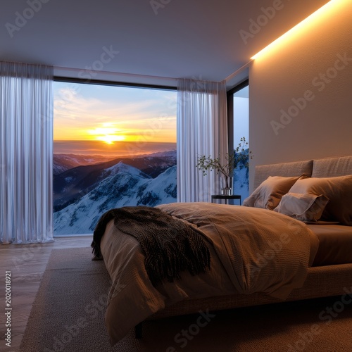 Sunset View From a Modern Bedroom With Large Windows and Mountain Landscape