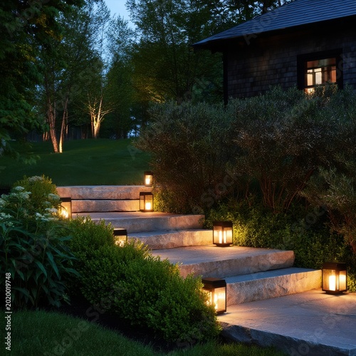 Steps Lead up a Garden Path Lit by Lanterns During Evening Hours