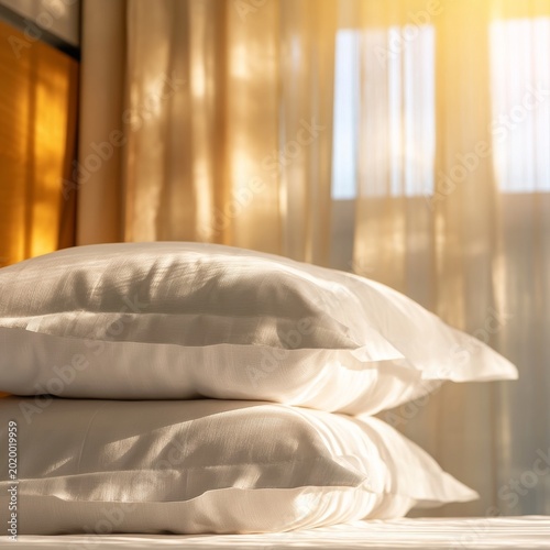 Sunlight Shines Through Curtains Onto Stacked Pillows in a Cozy Room During M...