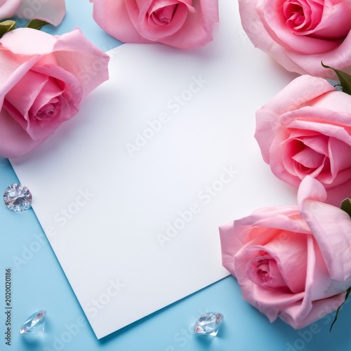 Blank Paper Surrounded by Pink Roses and Decorative Gems on a Blue Background