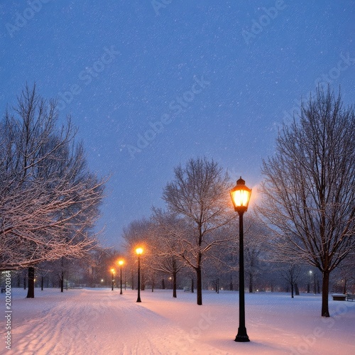 Snowy Park With Street Lights Shining in the Evening During Winter