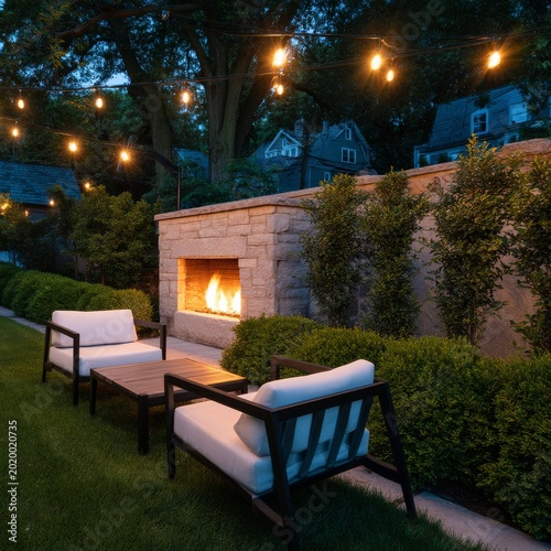 Cozy Outdoor Space With a Fire Feature and String Lights in the Evening