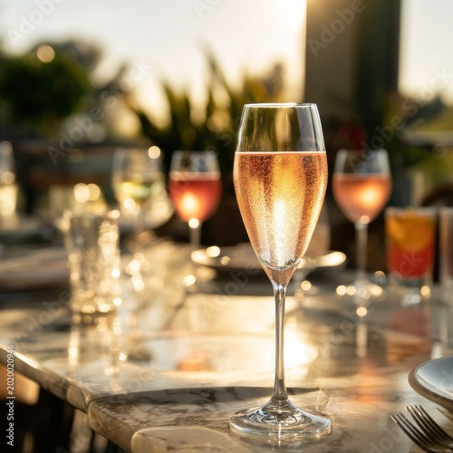 Cheers to a Toast at Sunset With Drinks on a Table During Evening Gathering O...