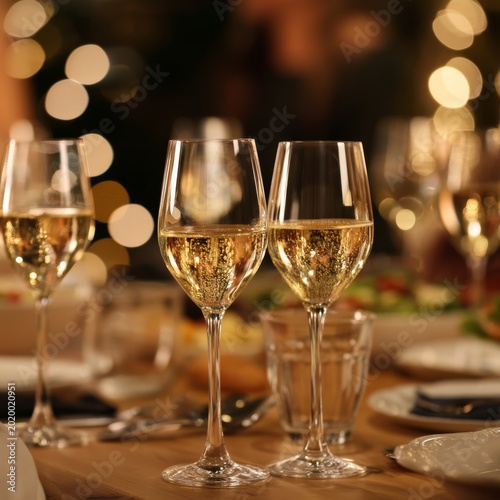 Sparkling Drinks on a Dinner Table at a Gathering in the Evening