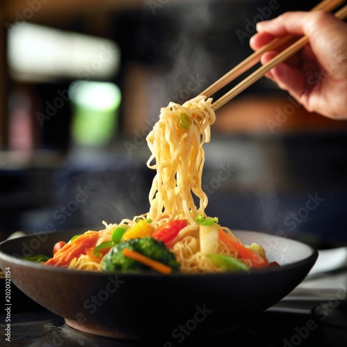 Steaming Bowl of Noodles With Vegetables and Chopsticks in a Kitchen Setting ...