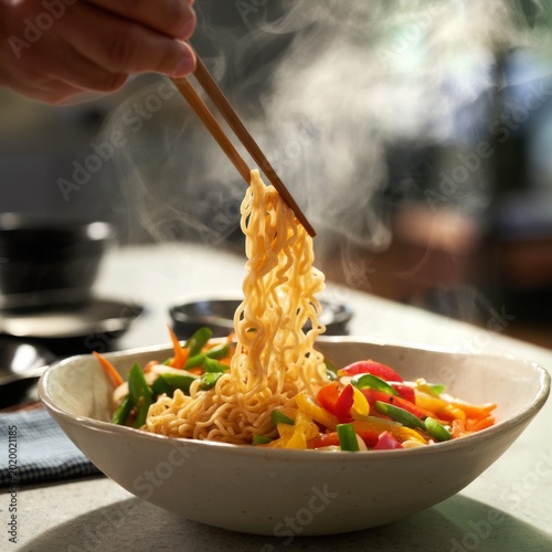 Steaming Bowl of Noodles With Vegetables and Chopsticks in a Kitchen Setting ...