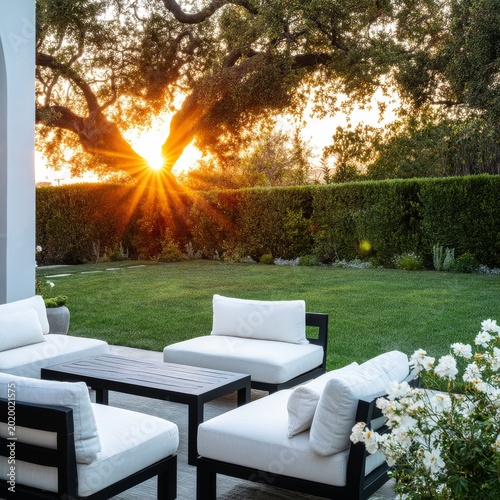 Sunset View From Outdoor Seating Area With Trees and Plants in the Garden