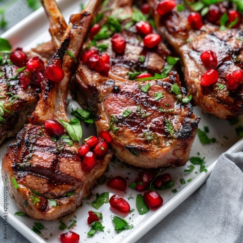Grilled Lamb Chops Served With Pomegranate Seeds and Herbs on a White Plate