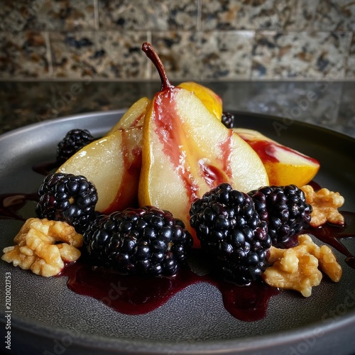 Fruit and Nuts on Plate With Sauce and Dark Background at Dining Table