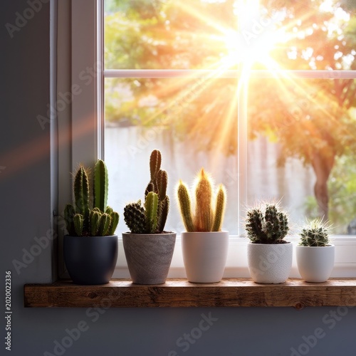 Cacti Arranged on a Wooden Sill With Sunlight Streaming Through a Window Duri...